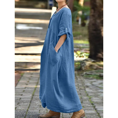 Women's Casual Loose Flip Sleeves Long Sleeves Crew Neck Pocket Large Size Cotton and Linen Dress Women's M302067