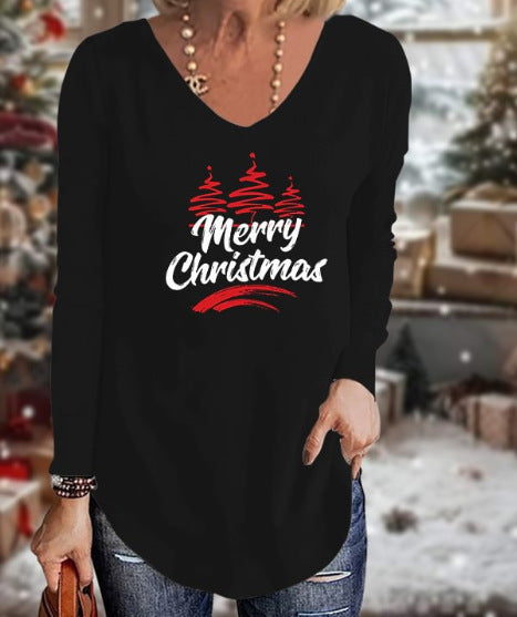 Loose 3D V-neck long-sleeved T-shirt women's Christmas printed bottoming shirt m302098