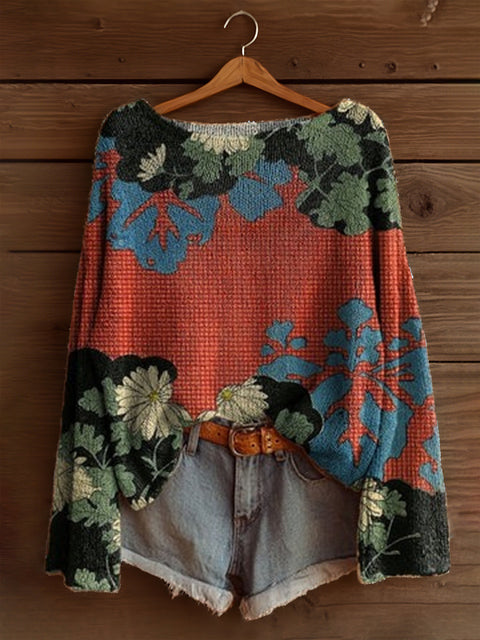 Vacation print casual cape top crew neck knitted sweater m302130