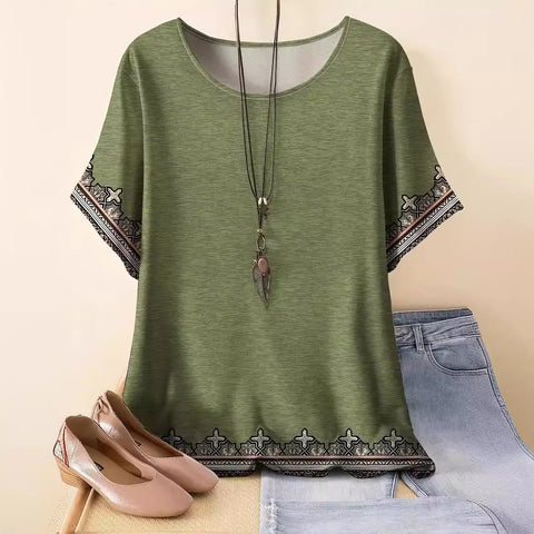 Retro printed cotton short-sleeved T-shirt early spring new versatile crew neck bottoming shirt m301287