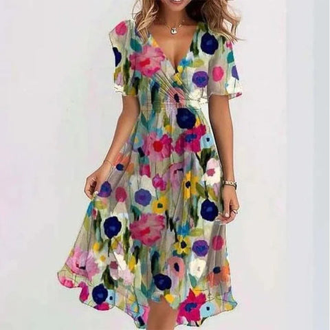 Loose casual comfortable V-neck floral dress m302907