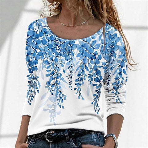 3D printed women's casual flower crew neck long-sleeved t-shirt top m301719