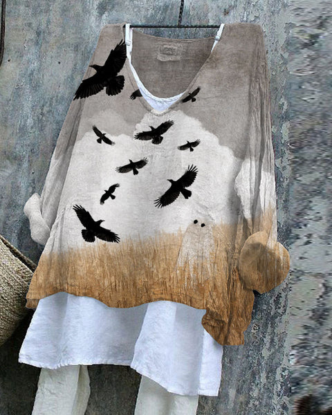 Long-sleeved printed casual pullover loose round neck single-piece T-shirt m301042