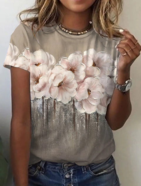 Women's T-shirt pink blue green flower print short sleeve m300912