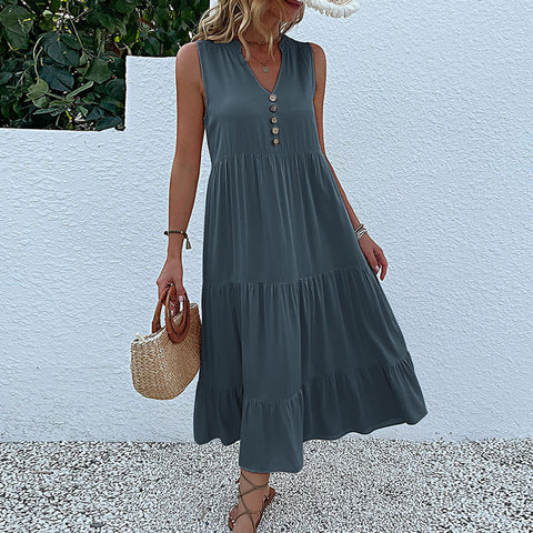 Summer popular sleeveless pleated skirt loose V-neck medium and long dress m300851
