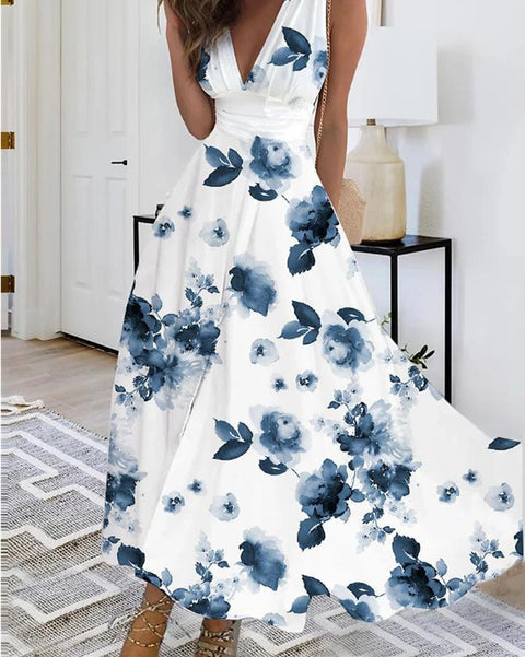 Women's new V-neck with lining high waist sleeveless printed sexy vest dress m301267