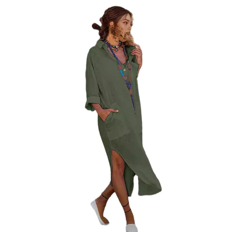 Solid Color Buttons Slit Loose Breathable Casual Shirt Cotton Linen Long Shirt Dress Female M300171
