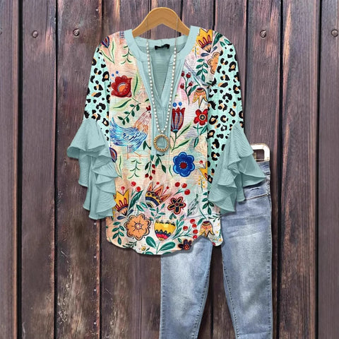 Creative floral element printing digital printing casual trend V-neck lotus edge T-shirt women's top m301778