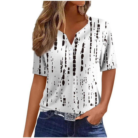 V-neck three-button 3D printed short-sleeved women's top m300617