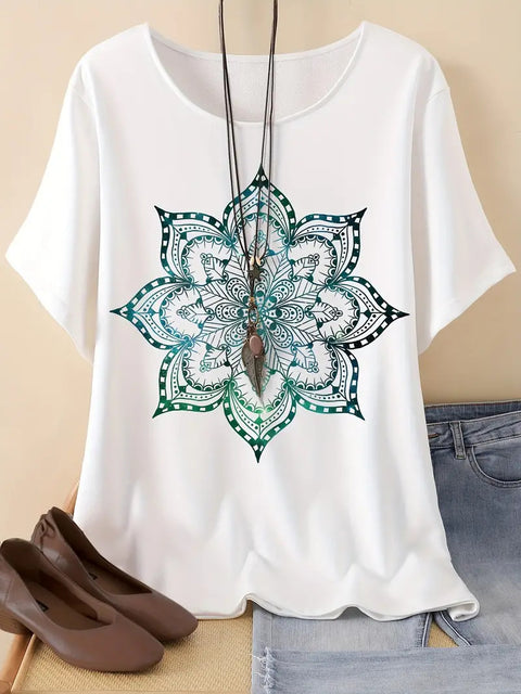 Retro printed cotton short-sleeved T-shirt early spring new versatile crew neck bottoming shirt m301287