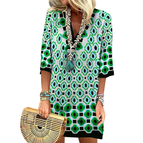 Medium sleeve watercolor small flower print pocket dress m300739