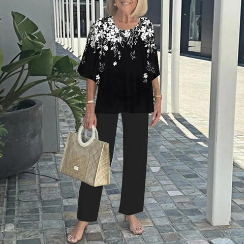 Casual round neck medium sleeve top printed flower pants set two-piece set m301465