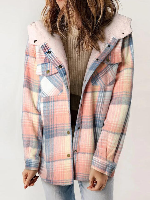 Women's plaid jacket long-sleeved hairy hooded jacket jacket with pockets m302153