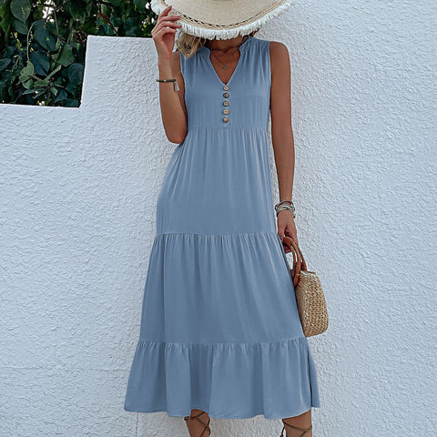 Summer popular sleeveless pleated skirt loose V-neck medium and long dress m300851