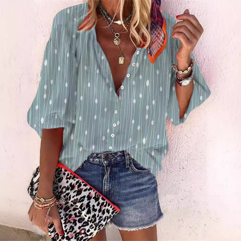 women's clothing stand-up collar loose button retro printed casual shirt m301723