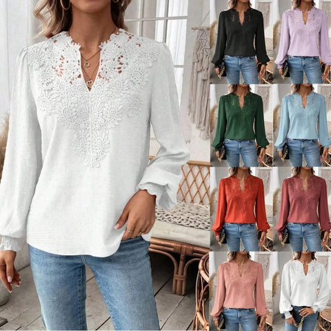 V-neck lace stitching long-sleeved casual shirt blouse m301373