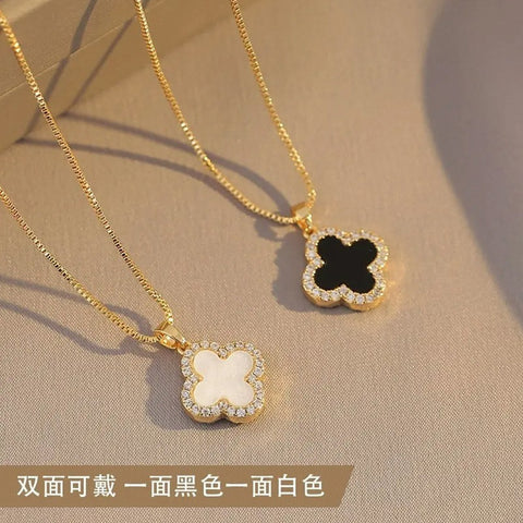 Gold Full Diamond Clover Necklace for Women with Black and White Double sided Design, Minimalist Earrings, Ring Jewelry M5010663