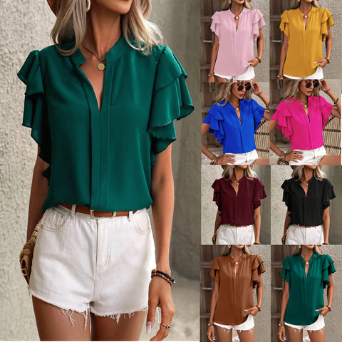 V-neck casual double-layer lotus leaf sleeve solid color shirt top m300883