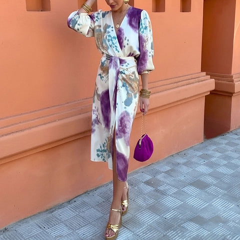 Casual long-sleeved shirt split-ended long skirt set m302786