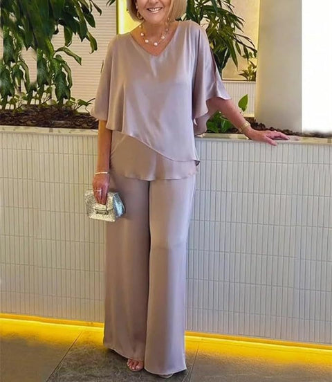 Set Solid color V-neck irregular hem casual set m301319