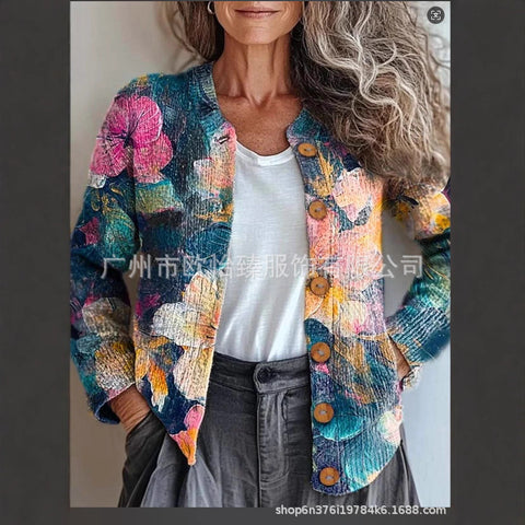 Autumn new colorful warm sunshine flower sea printed button cardigan m301725