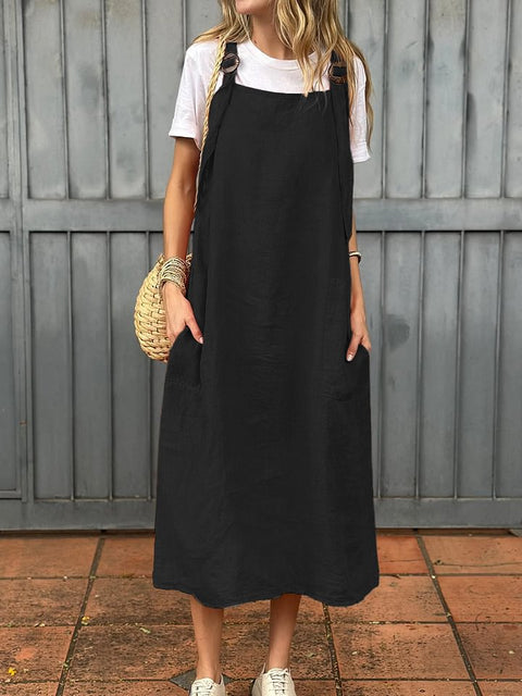 Women's fashion adjustable shoulder strap casual cotton and linen dress m302048