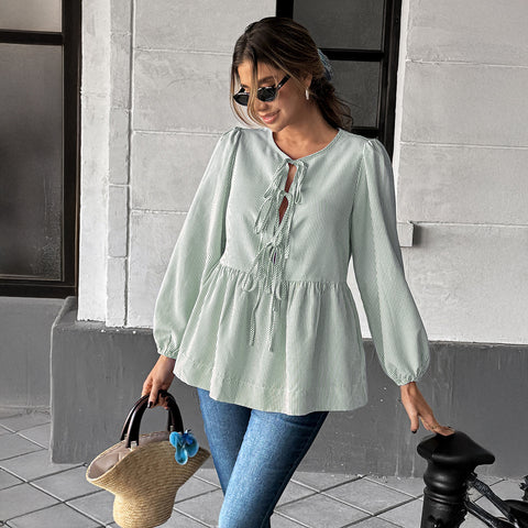 Temperament elegant striped long-sleeved strap T-shirt shirt m301397