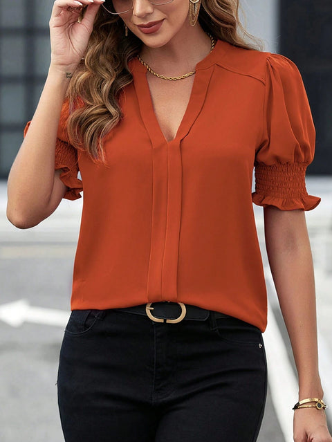 New V-neck temperament bubble sleeves solid color shirt blouse m301005