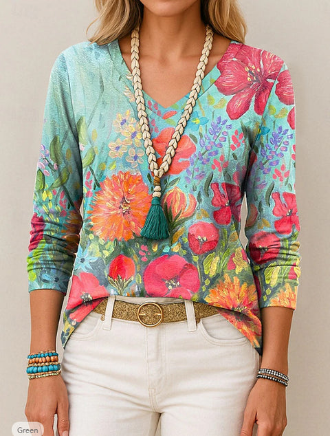 Printed loose long-sleeved V-neck T-shirt m301566