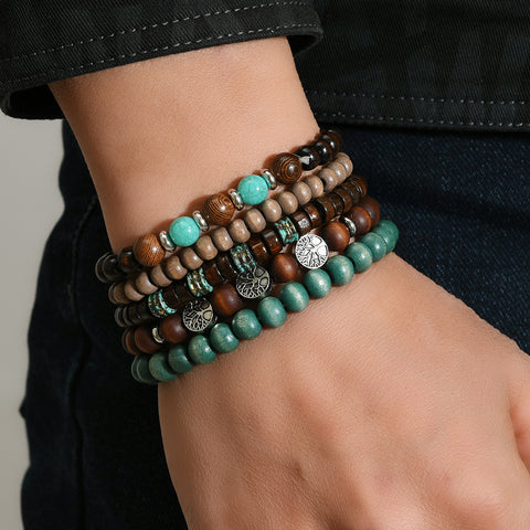 Retro wind zinc alloy life tree hand-woven wooden beads beaded multi-layer five-piece bracelet m3331272