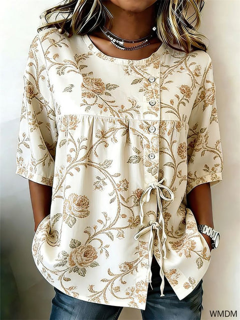 Color matching loose blouse five-button drawstring m302924