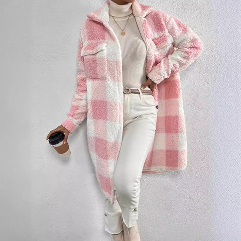 Open-button lapel plush plaid jacket loose temperament commuter long coat women m300360