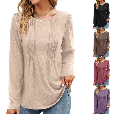 Stripe solid color round neck long-sleeved t-shirt m300549