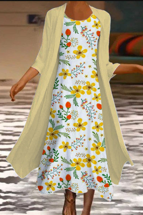 New women's long dress two-piece set flower and grass print crew neck dress m301251