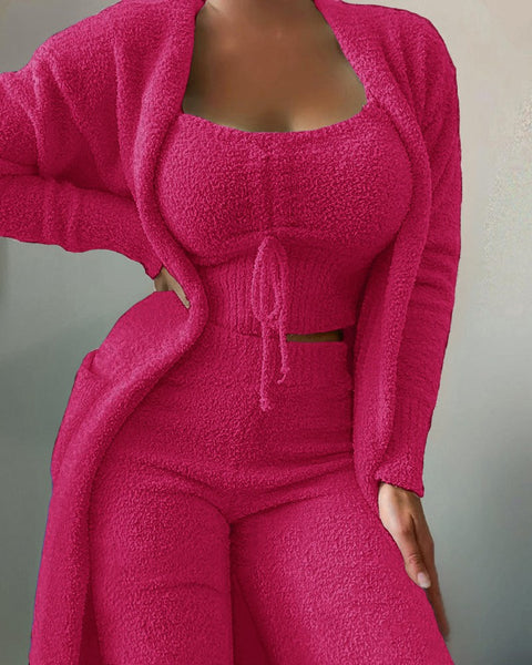 Plush three-piece lace-up pajamas set casual set loungewear m301066