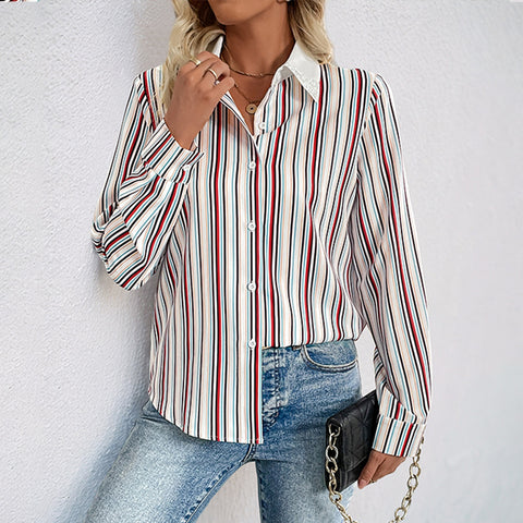 Women's vertical striped lapel shirt m300820
