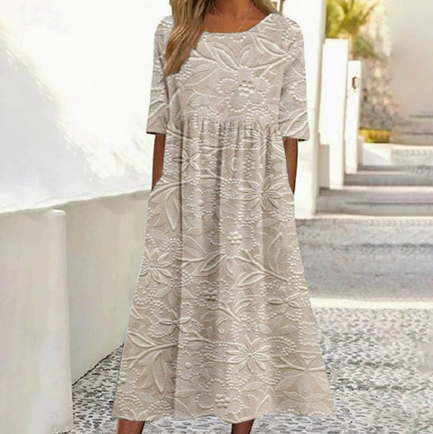 Ladies Casual Crew Neck Pullover Short Sleeve 3D Printing Pleated Waist Swing Long Dress Dress m301299