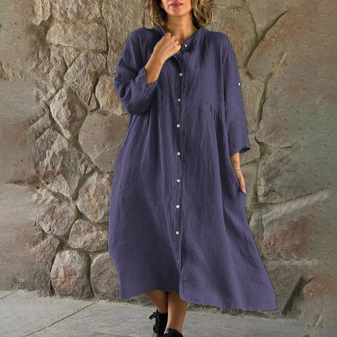 Cotton and linen solid color casual stand-up collar button long dress m301322