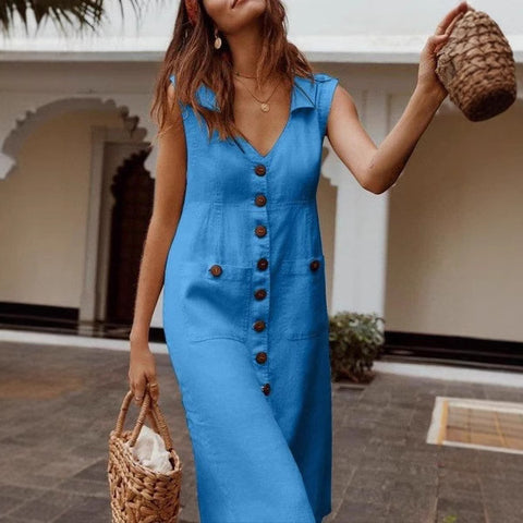 European and American V-neck single-breasted button-down dress, pocket design m301587