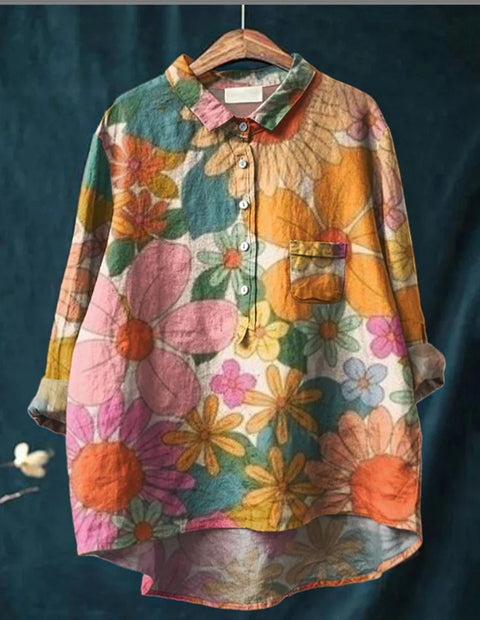 Long Sleeve Bamboo Linen Printing Fashion Versatile Lapel Shirt m301040