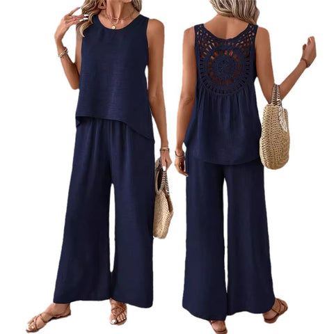 Spring and summer solid color hollow lace two-piece fashion casual vest wide-leg pants trousers m301367