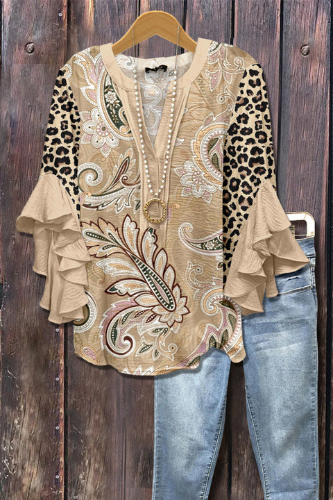 Creative floral element printing digital printing casual trend V-neck lotus edge T-shirt m301352