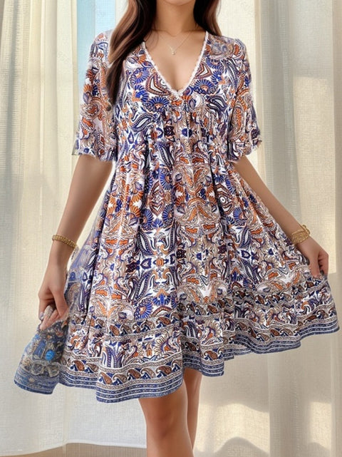 Spring and Summer Vacation Casual Printed V-neck Dress M300211