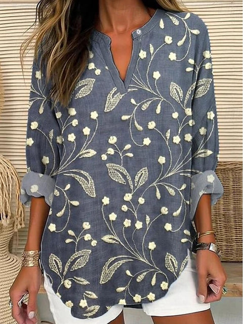Small V-neck long-sleeved floral simple casual temperament T-shirt m302763
