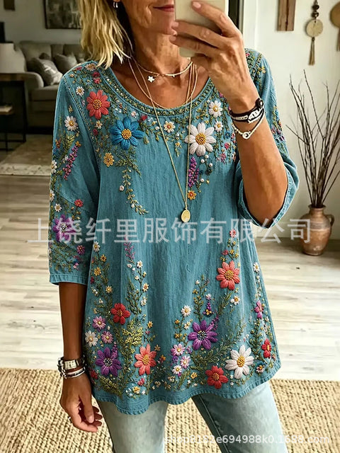 3D digital printing round neck seven-quarter sleeve women's clothing FF303095
