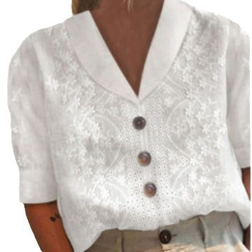 women's V-neck loose casual five-quarter sleeve embroidered top m301713