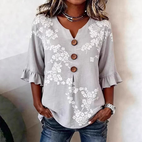 Small V-neck shirt flared sleeve printed button-down shirt m302753