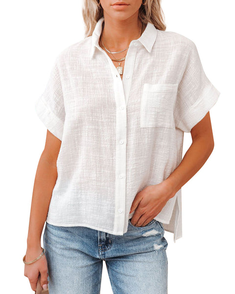 New cotton and linen short-sleeved casual side slit pocket shirt m300983