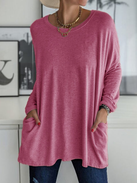 Crew neck long sleeve loose pocket solid color T-shirt casual women's clothing m301315