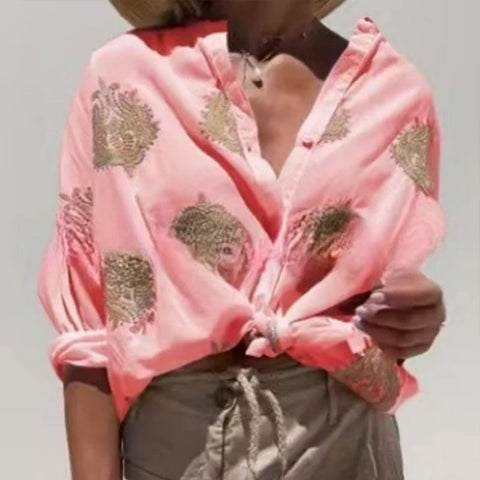 Printed Independent Station Long Sleeve Lapel Button Women's Shirt m301309